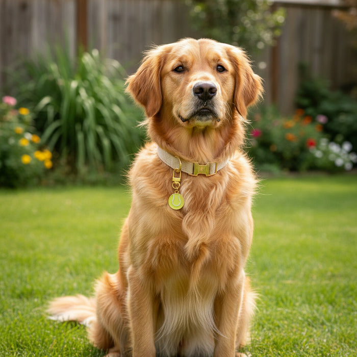 A golden retriever with a light-colored collar and The Darling Effect's Tennis Ball Pawfect Collar Charm sits on green grass in a garden, colorful flowers and a wooden fence in the background.