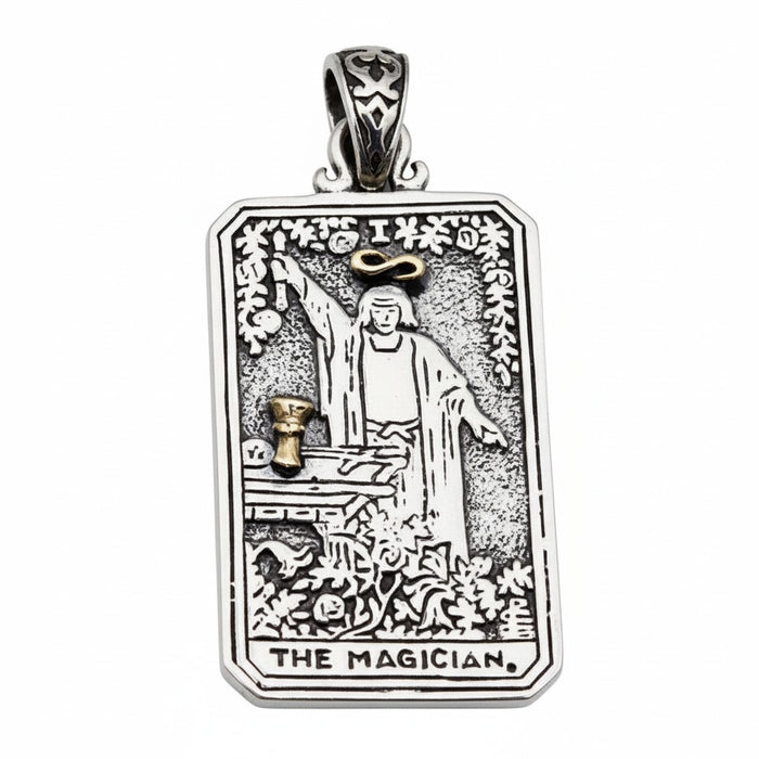 A men's solid sterling silver pendant shaped like The Magician tarot card from the Rider-Waite deck.