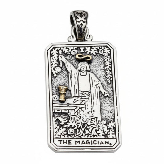 A men's solid sterling silver pendant shaped like The Magician tarot card from the Rider-Waite deck.