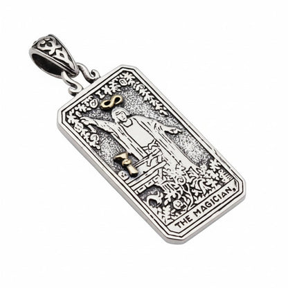 A tarot card necklace of The Magician, with brass accents on the infinity symbol and cup.
