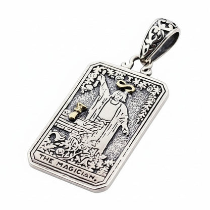 A pendant depicting Major Arcana I, The Magician, in a two-tone finish.