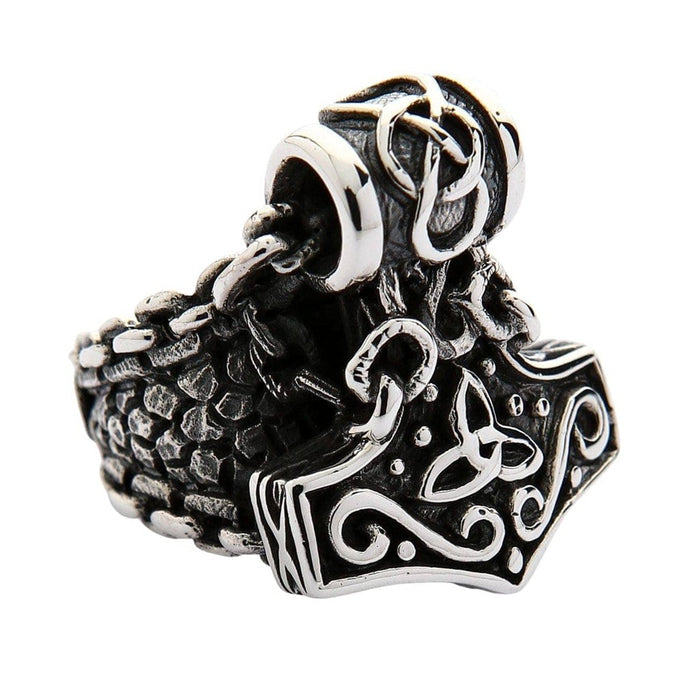 Three-quarter view of Thor's Hammer statement ring highlighting 23 gram weight and dimensional design