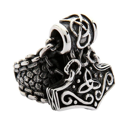 Three-quarter view of Thor's Hammer statement ring highlighting 23 gram weight and dimensional design