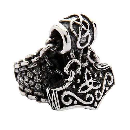 Three-quarter view of Thor's Hammer statement ring highlighting 23 gram weight and dimensional design