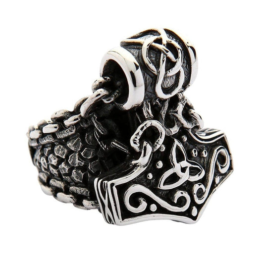 Three-quarter view of Thor's Hammer statement ring highlighting 23 gram weight and dimensional design