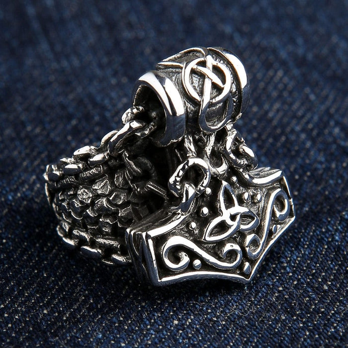 Thor's Hammer Mjolnir ring in 925 sterling silver showing front view with triquetra Celtic knot design