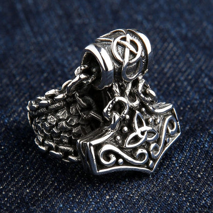 Thor's Hammer Mjolnir ring in 925 sterling silver showing front view with triquetra Celtic knot design