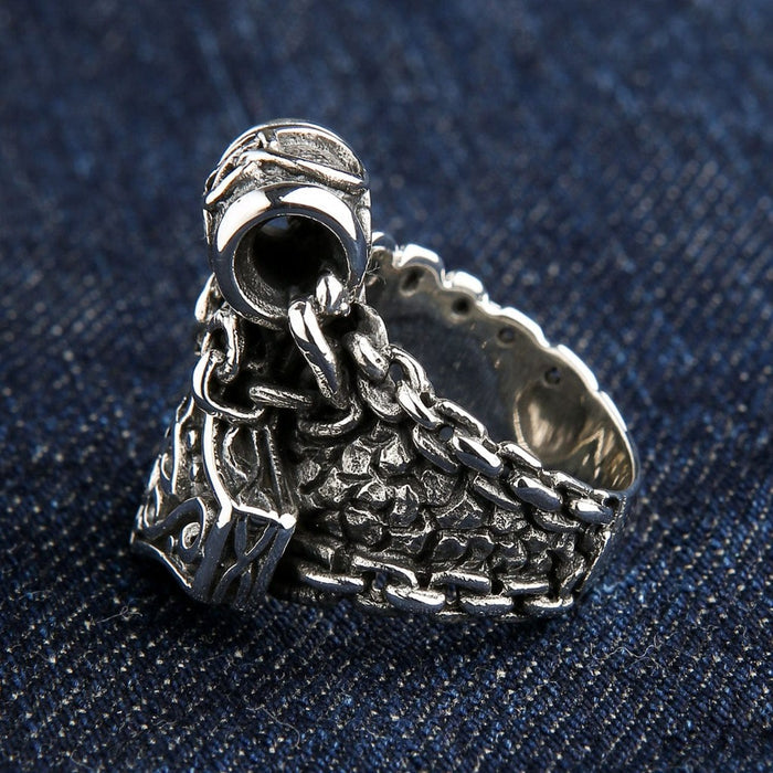 Top view of Thor's Hammer ring showing decorative bail loop with interlaced Celtic pattern