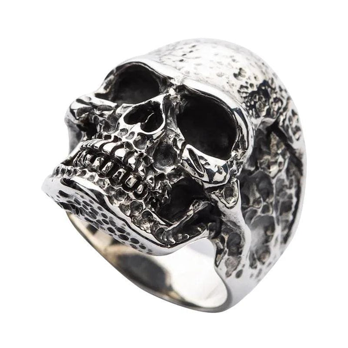 detail of the unique, molten-like texture on the rugged biker skull ring.