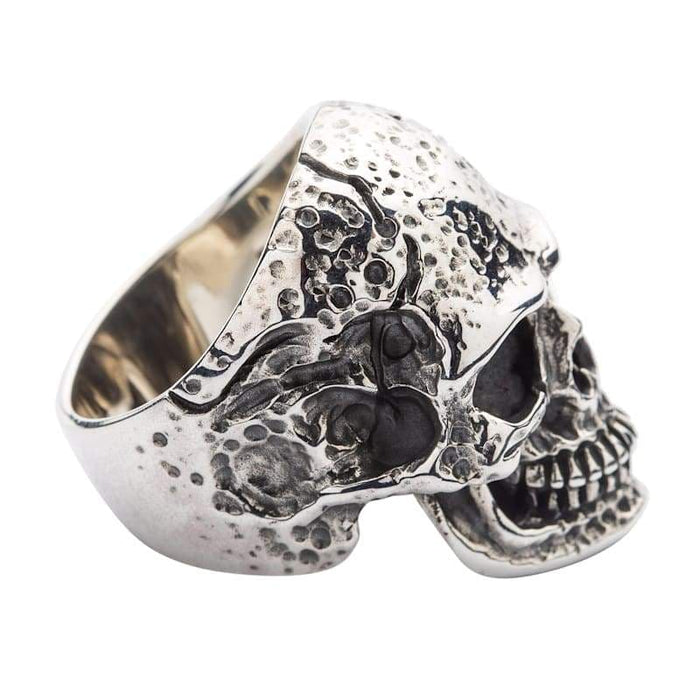 Side profile of the tough head sterling silver skull ring, showing the squared-off cranium and oxidized brow.