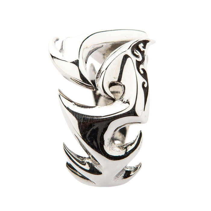 An openwork tribal biker ring in sterling silver, with a high-polish finish.