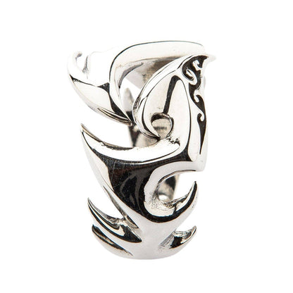An openwork tribal biker ring in sterling silver, with a high-polish finish.