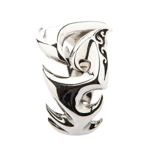 An openwork tribal biker ring in sterling silver, with a high-polish finish.