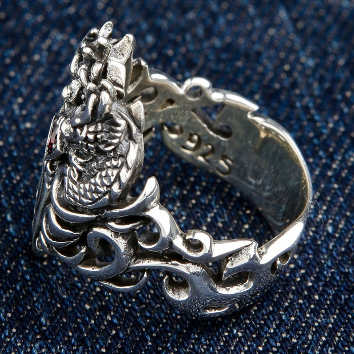 Sterling silver dragon ring showing 925 hallmark stamp inside band for authenticity verification