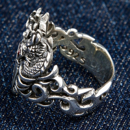 Sterling silver dragon ring showing 925 hallmark stamp inside band for authenticity verification