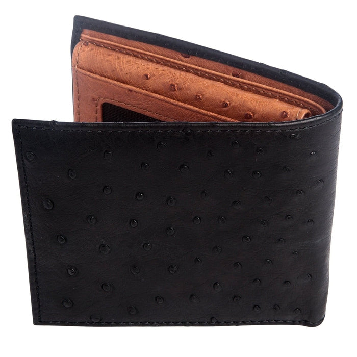 The full-quill texture of the black ostrich leather on the handcrafted men's wallet.
