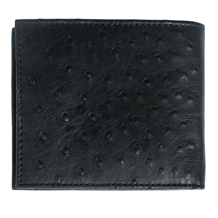 A luxury men's ostrich wallet in a classic black and brown design.
