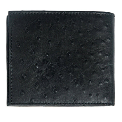A luxury men's ostrich wallet in a classic black and brown design.