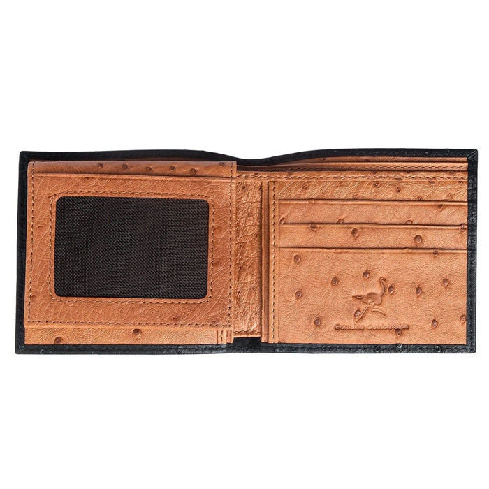 The interior of the two-tone ostrich wallet, showing the brown leather, 10 card slots, and double ID window.