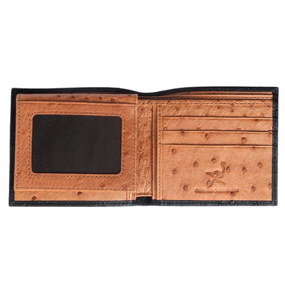 The interior of the two-tone ostrich wallet, showing the brown leather, 10 card slots, and double ID window.