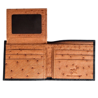 A men's bifold wallet with 10 card slots and two bill compartments, made from ostrich leather.