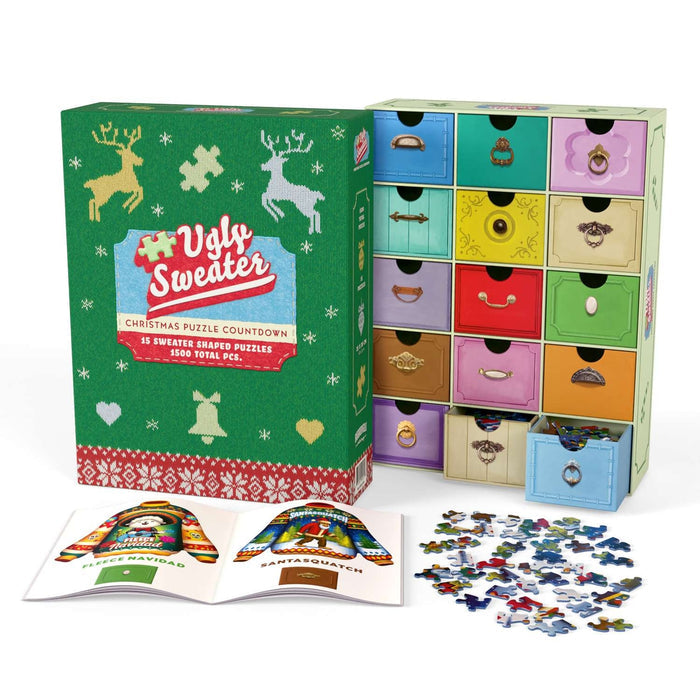 A box labeled “Ugly Christmas Sweater Puzzle Advent” from Boardwalk Puzzle Company is shown with numbered drawers, an open booklet, and holiday-themed sweater puzzle pieces spread out in front.