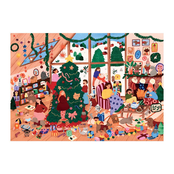 A family decorates a Christmas tree and opens gifts in a festive room—captured in “Un Noël en Famille,” a 1,000 piece jigsaw puzzle by Heol Editions.
