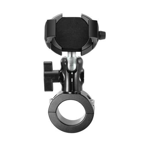 The RoadVise® Ultra Premium Aluminum Motorcycle Handlebar Phone and Tablet Mount with Extension, shown from the front in black and silver, features an adjustable phone holder against a white background.