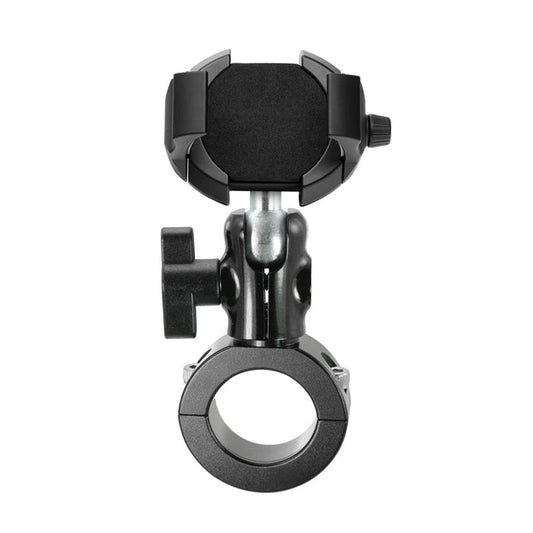 The RoadVise® Ultra Premium Aluminum Motorcycle Handlebar Phone and Tablet Mount with Extension, shown from the front in black and silver, features an adjustable phone holder against a white background.