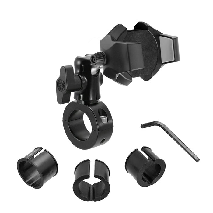 The RoadVise® Ultra Premium Aluminum Motorcycle Handlebar Phone and Tablet Mount with extension features a black adjustable clamp, three interchangeable spacers, and an Allen wrench—perfect as a bike holder, shown on a white background.