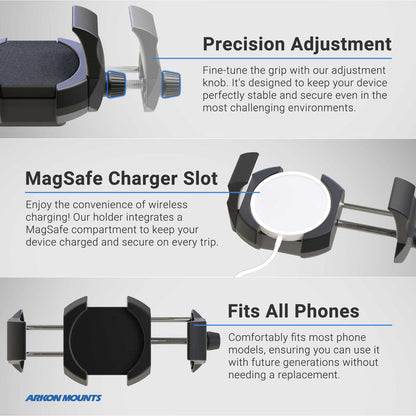 The RoadVise® Ultra Phone and Tablet Clamp Mount with 3.50” Arm features an adjustable grip, heavy-duty mount, MagSafe charger slot with white cable, precision adjustment, wireless charging support, and universal compatibility for most models.