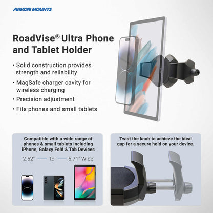 The RoadVise® Ultra 4-Hole AMPS Drill-Base Phone or Tablet Mount is shown holding a tablet, featuring solid construction, a MagSafe charger cavity, precision adjustment, and broad phone compatibility with device images.