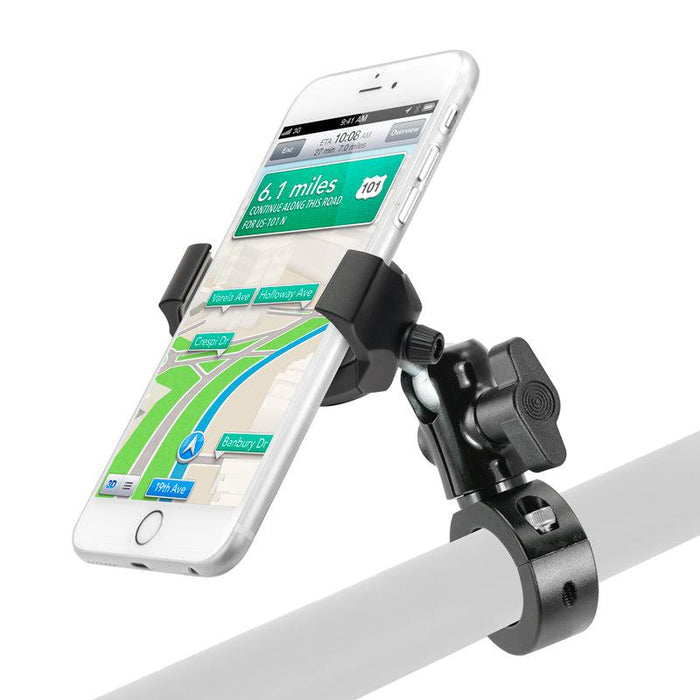 A smartphone showing GPS directions is held by the RoadVise® Ultra Premium Aluminum Motorcycle Handlebar Phone and Tablet Mount with Extension, attached to a white bicycle handlebar.