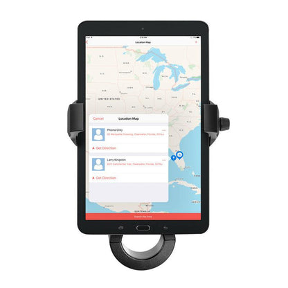 A tablet on the RoadVise® Ultra Premium Aluminum Motorcycle Handlebar Phone and Tablet Mount with Extension shows a map of the eastern U.S., displaying Florida contact locations with details and directions on screen.