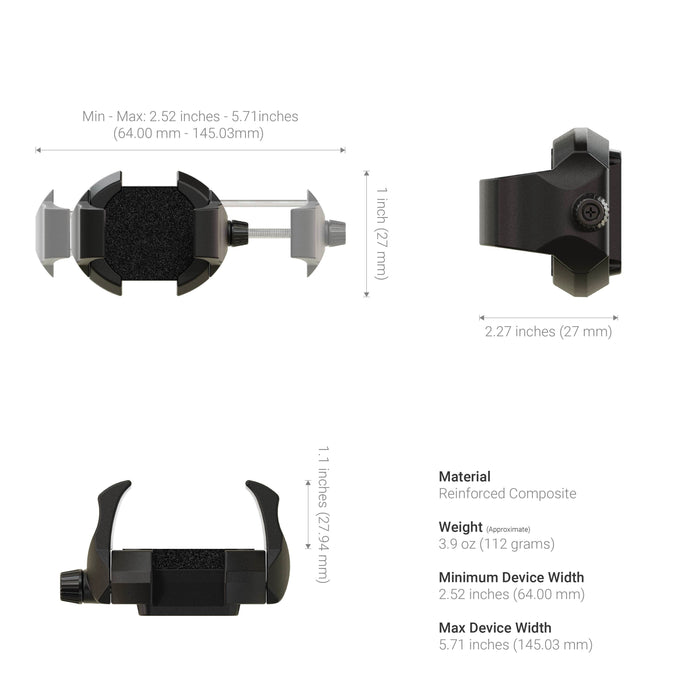 The RoadVise® Ultra 4-Hole AMPS Drill-Base Phone or Tablet Mount, made of reinforced composite, is shown in black from three angles with labels: 2.52–5.71 wide, 1.1 tall, 2.27 deep, weighs 3.9 oz, and features an AMPS drill base for secure mounting.