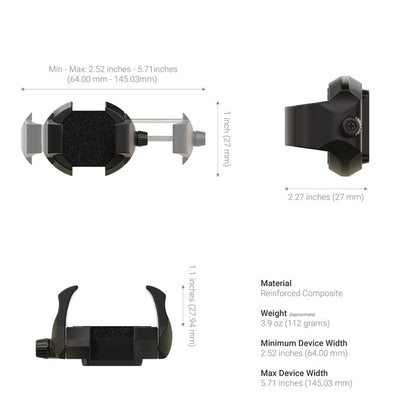 The RoadVise® Ultra 4-Hole AMPS Drill-Base Phone or Tablet Mount, made of reinforced composite, is shown in black from three angles with labels: 2.52–5.71 wide, 1.1 tall, 2.27 deep, weighs 3.9 oz, and features an AMPS drill base for secure mounting.