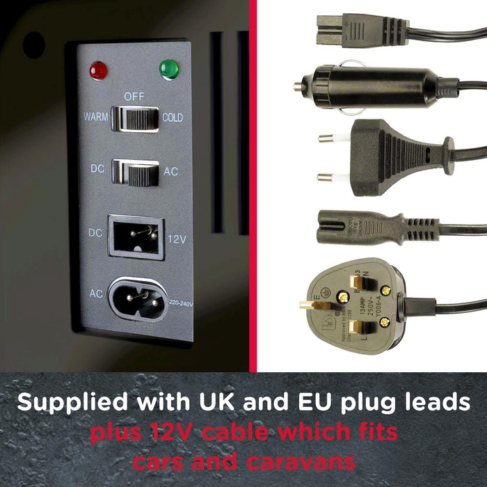 Electrical power distribution unit with various plug leads and cables on a dark background. - Buy Now Black 10L Mini Fridge + Black 15L Mini Fridge