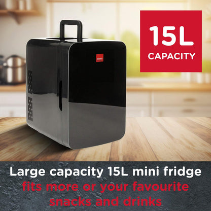 15L mini fridge on a wooden surface with a kitchen background - Buy Now Black 10L Mini Fridge + Black 15L Mini Fridge