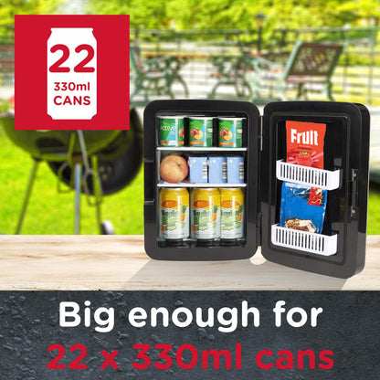 Portable refrigerator with food items on a table outdoors, with text indicating capacity for 22 x 330ml cans. - Buy Now Black 10L Mini Fridge + Black 15L Mini Fridge