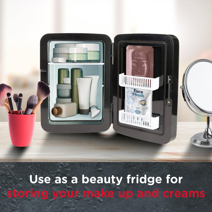 Small black beauty fridge with open door displaying cosmetic products on a wooden surface. - Buy Now Black 10L Mini Fridge + Black 15L Mini Fridge