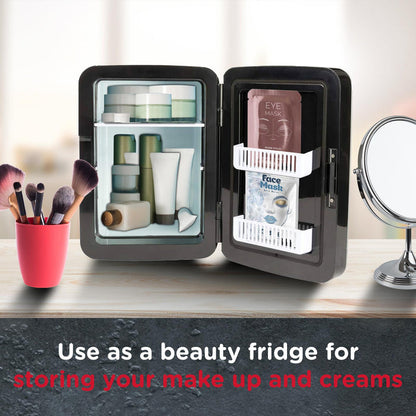 Small black beauty fridge with open door displaying cosmetic products on a wooden surface. - Buy Now Black 10L Mini Fridge + Black 15L Mini Fridge