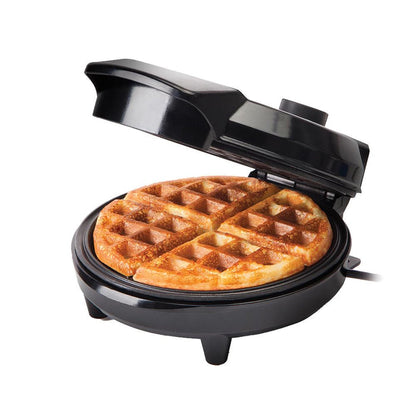 Black waffle maker with a cooked waffle inside  - Buy Now Deep Fill Sandwich Toaster + Round Waffle Maker