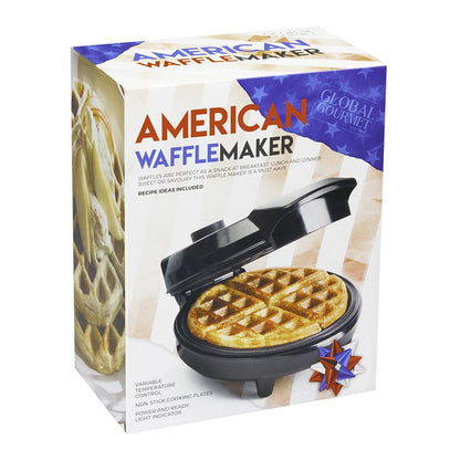 Box of American WaffleMaker with waffle image on a white background - Buy Now Deep Fill Sandwich Toaster + Round Waffle Maker