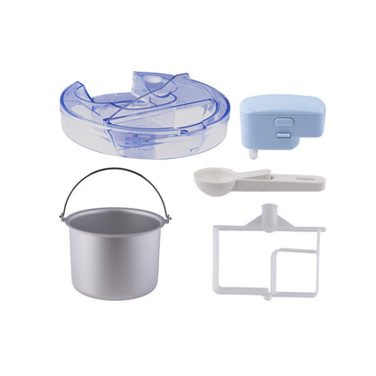 Set of kitchen utensils including a silver pot, blue lid, white spoon, and other accessories  - Buy Now  Ice Cream & Dessert Maker + Black 10L Mini Fridge