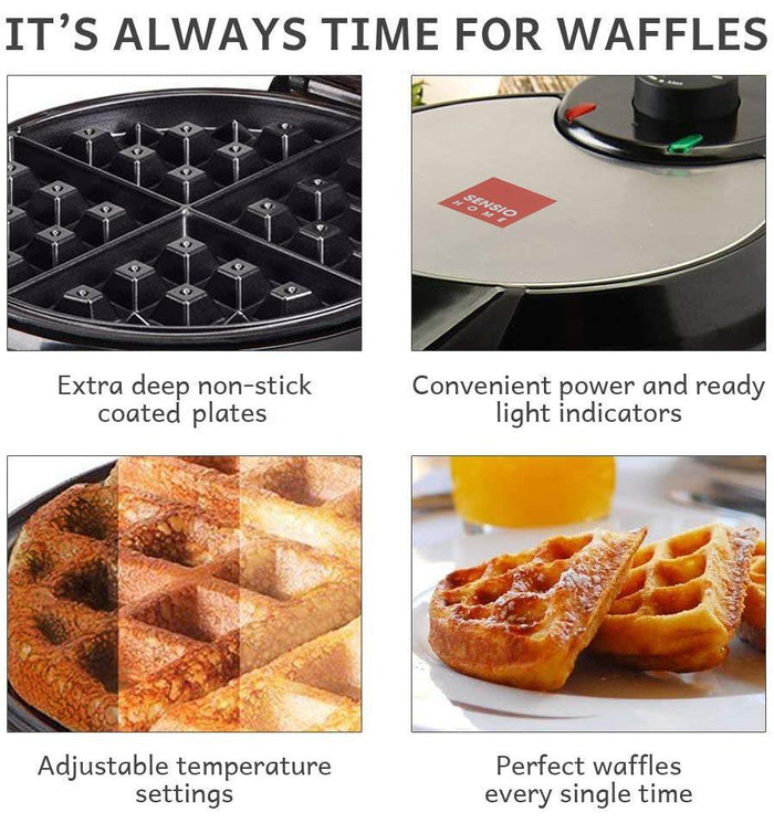Waffle maker with features highlighted and waffles on a plate.- Buy Now  Round Waffle Maker + Chocolate Fountain Fondue Set