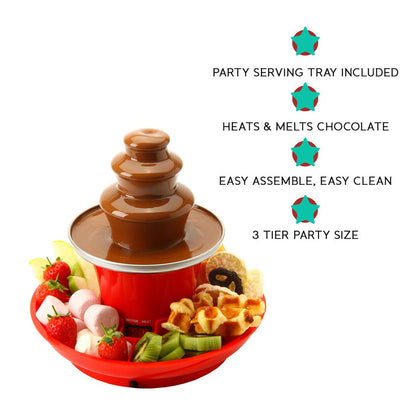 Chocolate fountain with fruits and cookies on a party serving tray, featuring text about product features.- Buy Now  Round Waffle Maker + Chocolate Fountain Fondue Set