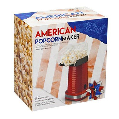 Box of American Popcorn Maker with popcorn and machine imagery - Buy Now Round Waffle Maker + Popcorn Maker