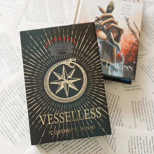 This image shows a close-up of a book cover titled "Vesselless" by Courtney L. Winn. The cover features a dark background with a prominent golden star and snake motif. The title and author's name are displayed in gold text. The book appears to be placed on top of several pages of text, which are partially visible and seem to be from different books. The background includes more text and imagery, suggesting a literary or fantasy theme.