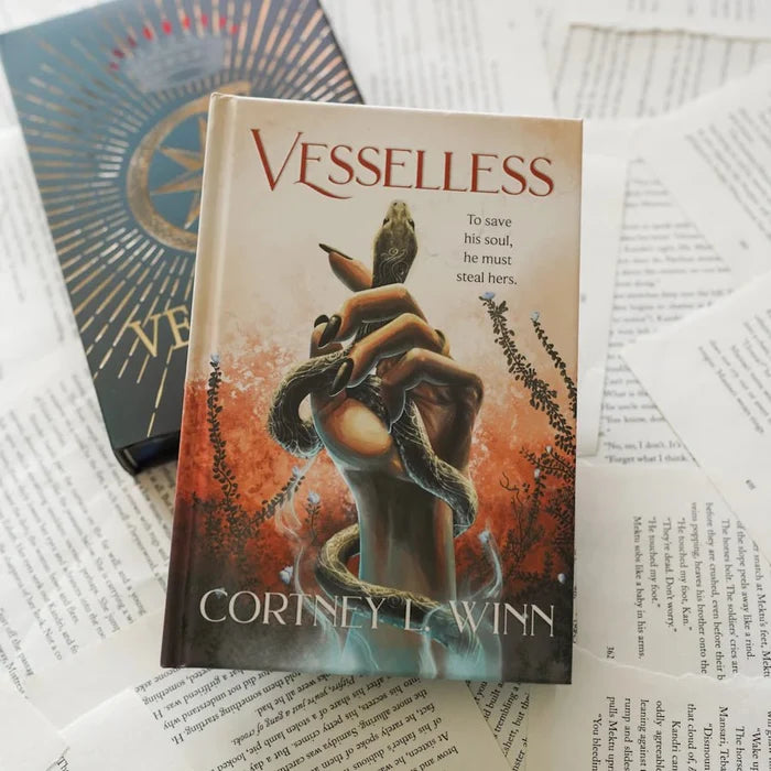 This image shows a book titled "Vesselless" by Cortney L. Winn, placed on top of several pages of text. The book cover features an illustration of a hand holding a snake, with a dramatic and mystical background. The text on the cover reads "To save his soul, he must steal hers." The surrounding pages contain various lines of text, some of which are partially visible, discussing themes