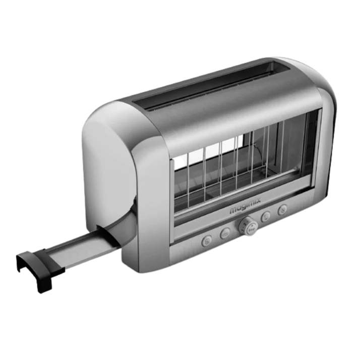 Magimix chrome vision toaster with crumb tray pulled out